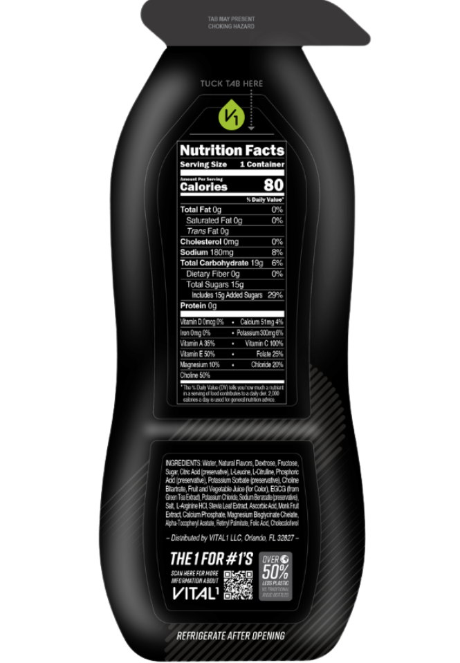 Black VITAL1 sports drink bottle showing Nutrition Facts label: 80 calories, 19g carbs, 15g sugars per container