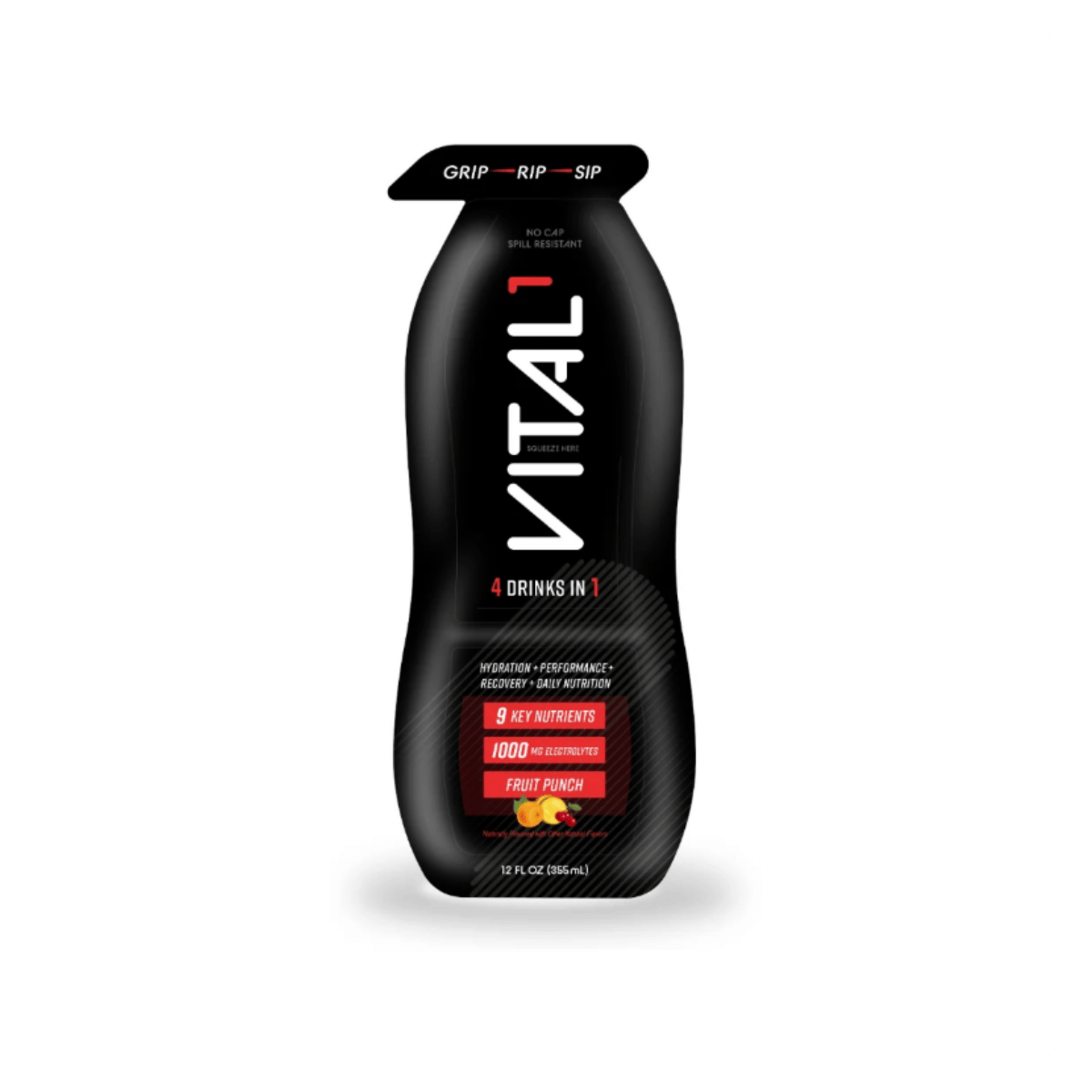 Black VITAL1 squeeze pouch, Fruit Punch flavor, 4 drinks in 1, 12 fl oz, 1000mg electrolytes