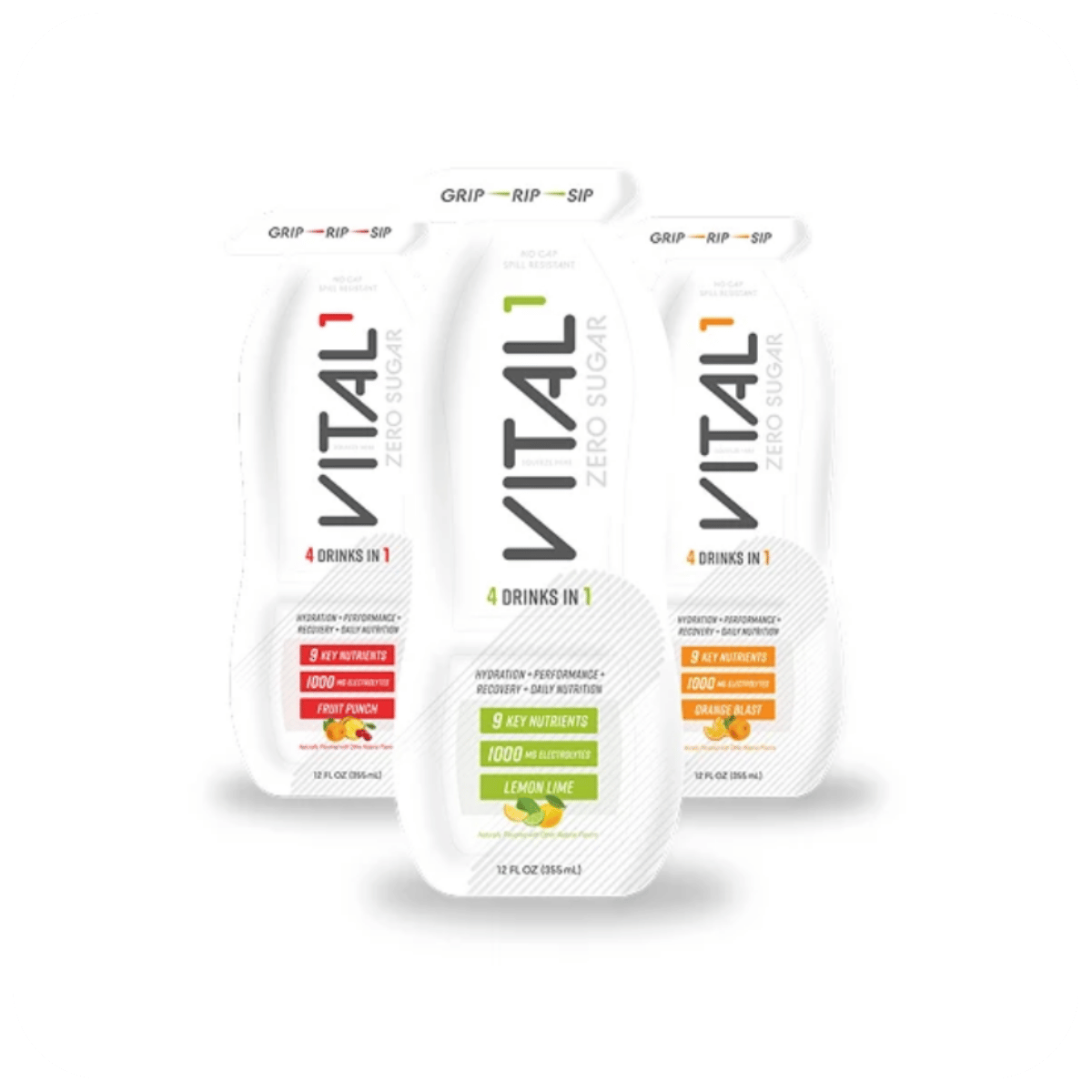 Three VITAL1 Zero Sugar drinks: Fruit Punch, Lemon Lime, Orange Blast — "4 Drinks in 1," 1000mg electrolytes, 12 fl oz pouches