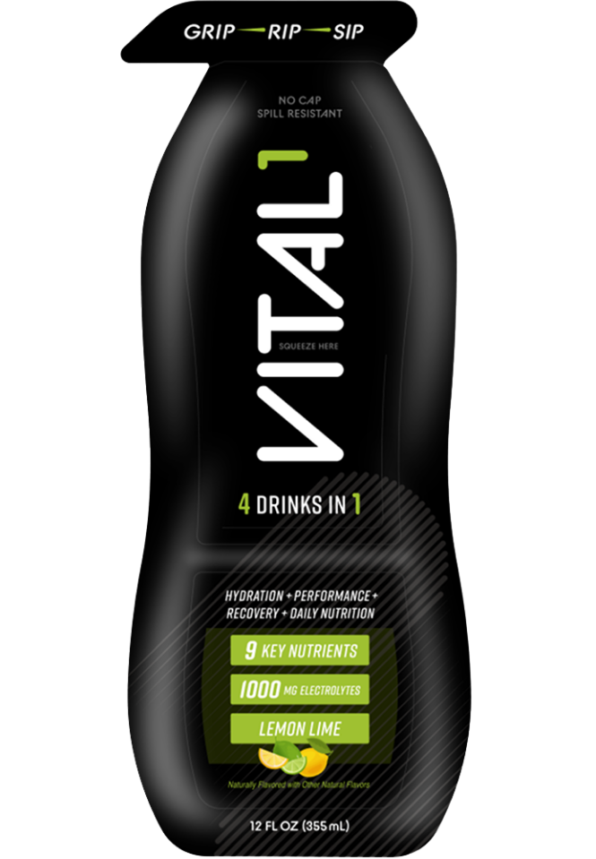 Black VITAL1 sports drink bottle, Lemon Lime flavor, "4 Drinks In 1," 1000mg electrolytes, 12 fl oz