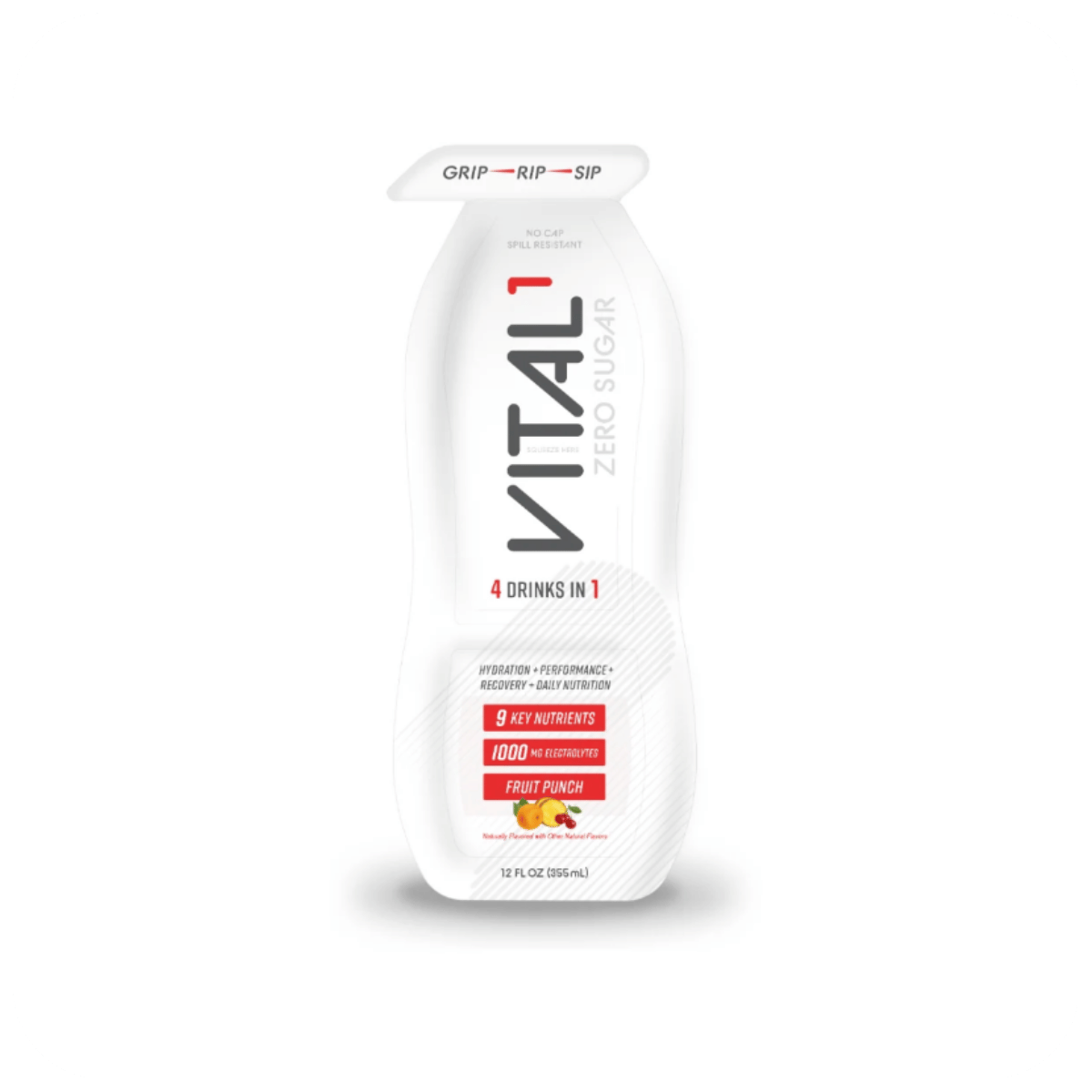 White VITAL1 Fruit Punch sports drink pouch, zero sugar, 4-in-1, 1000mg electrolytes, 12 fl oz