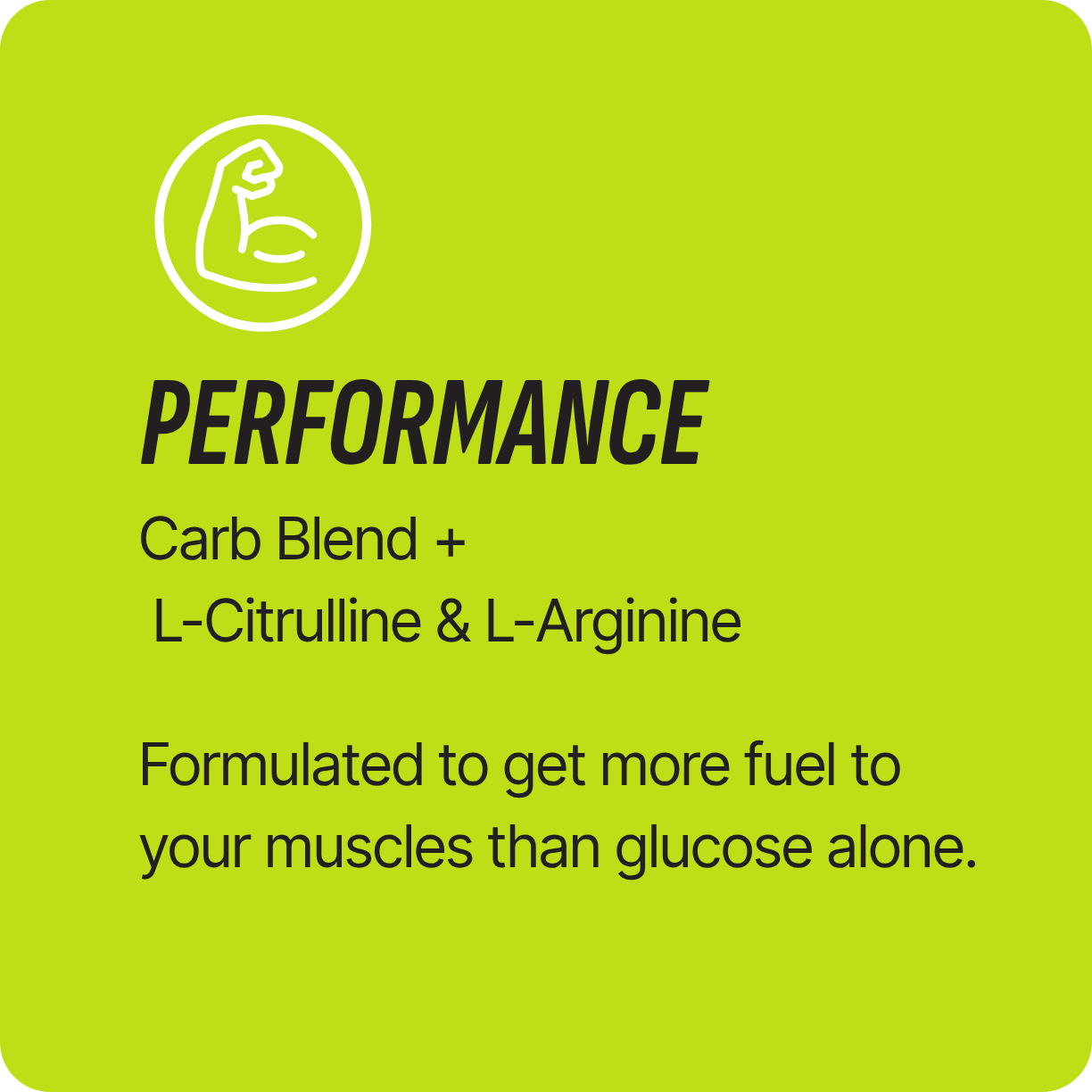 Green card: flexed arm icon, "PERFORMANCE – Carb Blend + L-Citrulline & L-Arginine, fuels muscles beyond glucose alone"