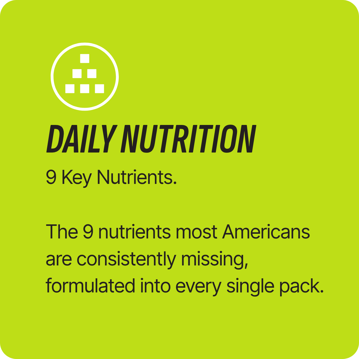 Green card: Daily Nutrition icon with 9 Key Nutrients text; addresses common American nutrient deficiencies