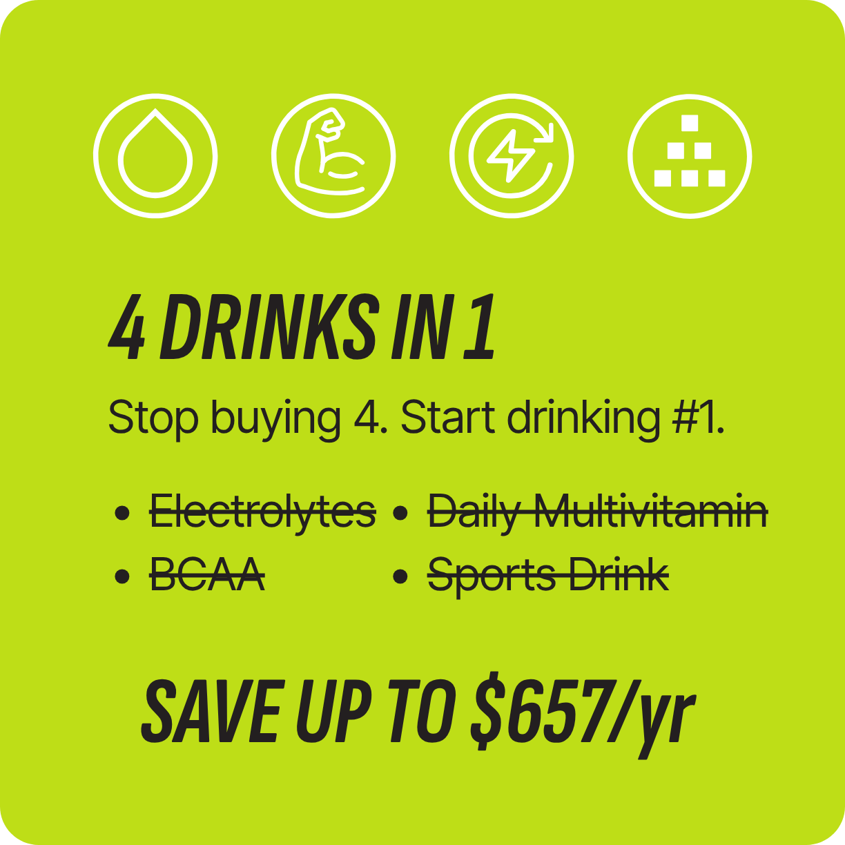Green promotional graphic: "4 Drinks in 1 – Electrolytes, BCAA, Daily Multivitamin, Sports Drink. Save up to $657/yr"