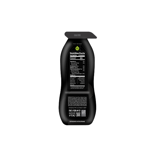 Black Vital protein drink bottle showing nutrition facts label, 80 calories per serving, "The 1 For #1s" slogan