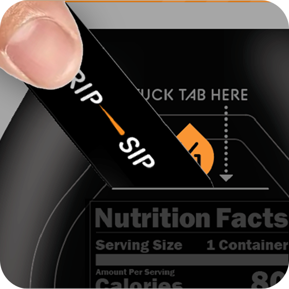 Black beverage lid being peeled open showing "RIP SIP" text and nutrition facts label, serving size 1 container, 80 calories