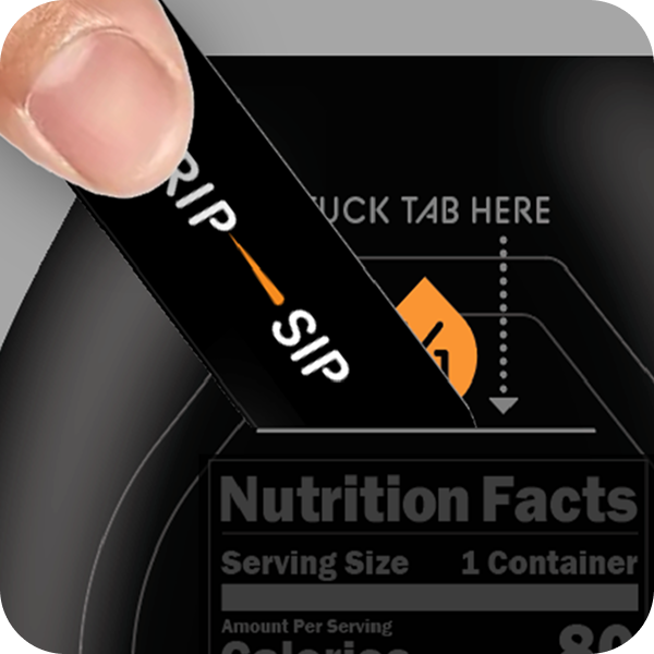 Black beverage container being opened; "RIP SIP" tab strip with orange arrow, nutrition facts label visible below