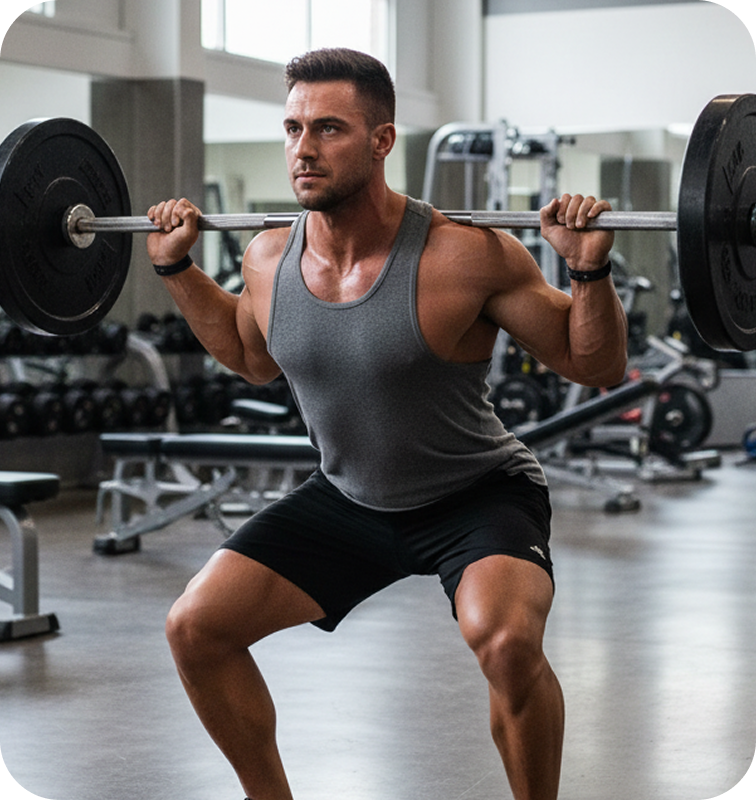 Muscular man in gray tank top doing barbell back squats in a modern gym