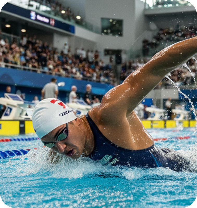 Competitive swimmer in navy suit and white cap mid-freestyle stroke in crowded indoor pool arena