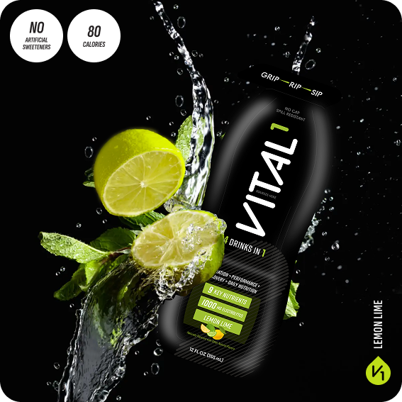 Vital1 Lemon Lime sports drink black bottle, 80 calories, no artificial sweeteners, 4 drinks in 1, water splash with fresh limes and mint