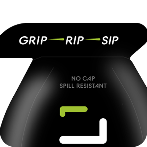 Black spill-resistant bottle cap with "GRIP—RIP—SIP" and "NO CAP SPILL RESISTANT" text, green accent logo