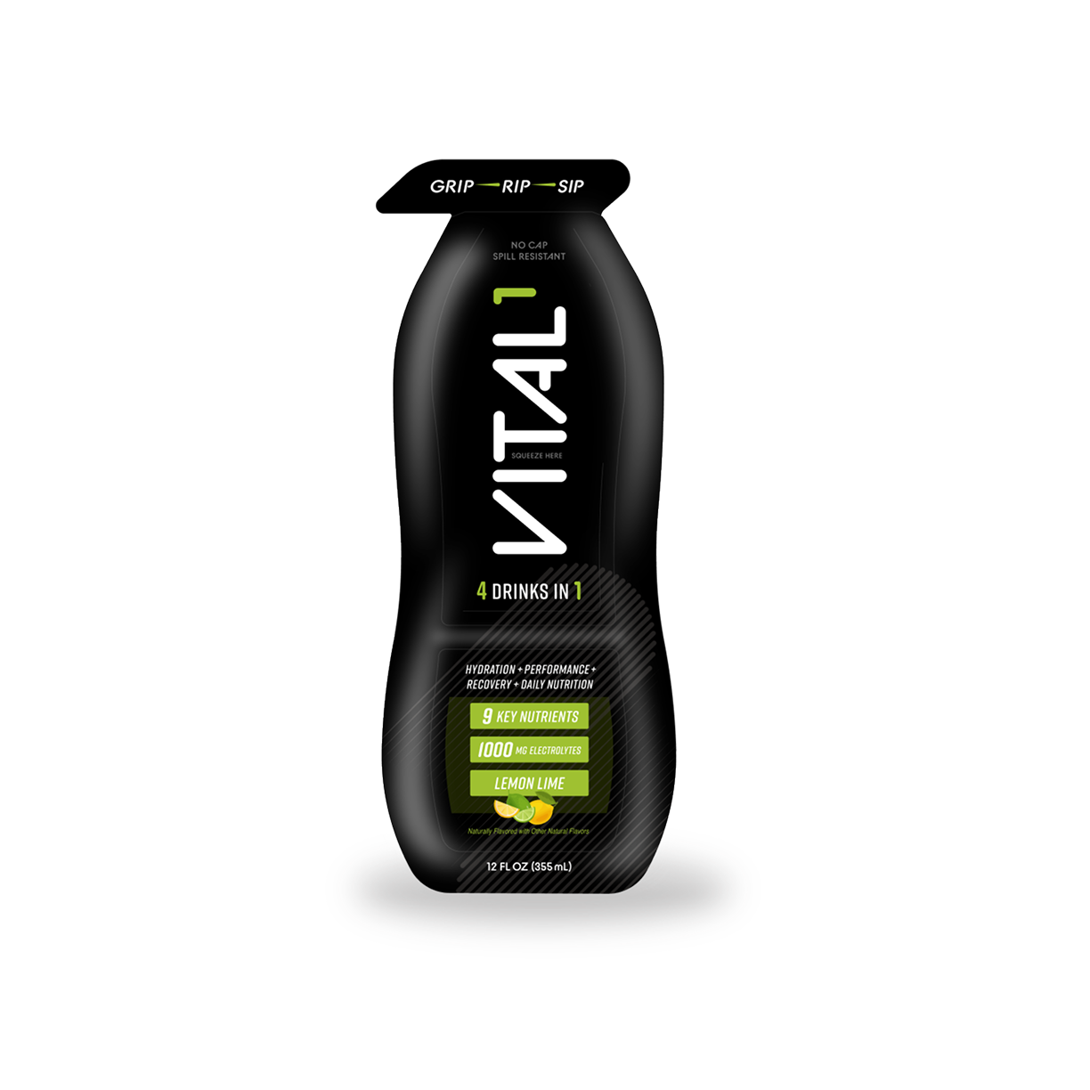 Black VITAL1 sports drink bottle, Lemon Lime flavor, "4 Drinks in 1," 1000mg electrolytes, 12 FL OZ
