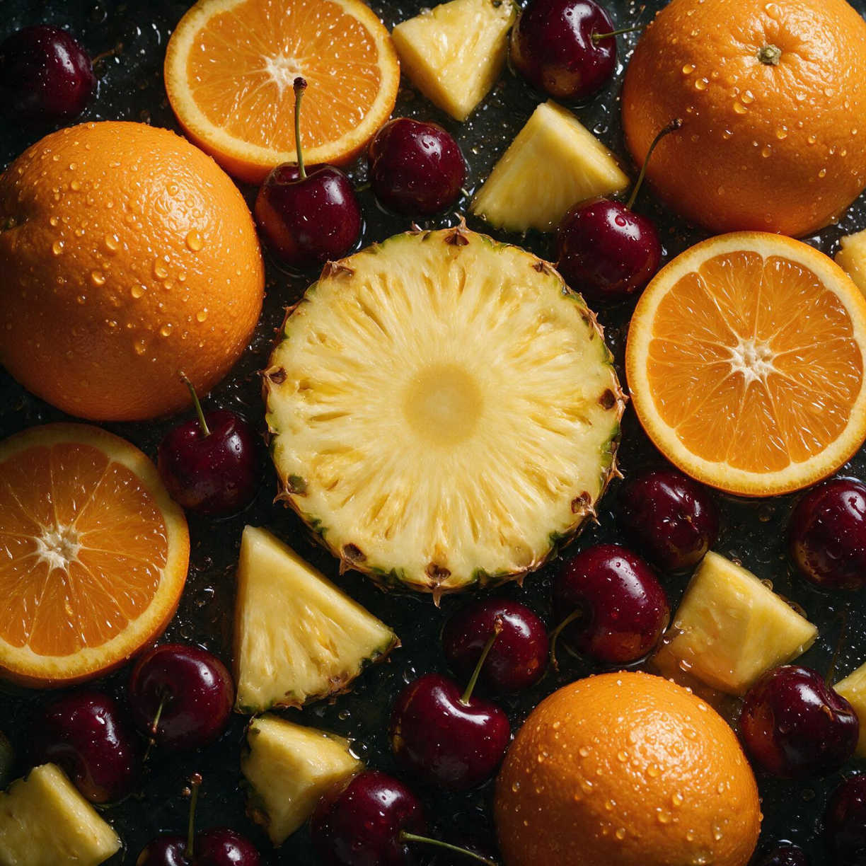 Fresh oranges, pineapple slices, and dark cherries with water droplets on black surface
