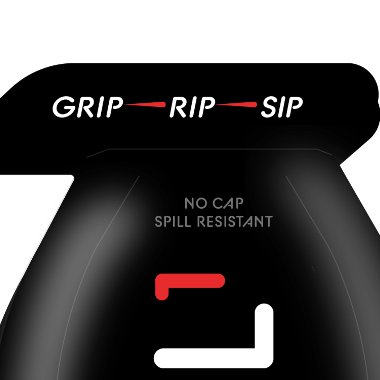 Black drink lid with "GRIP RIP SIP" tagline and "NO CAP SPILL RESISTANT" text in white and gray