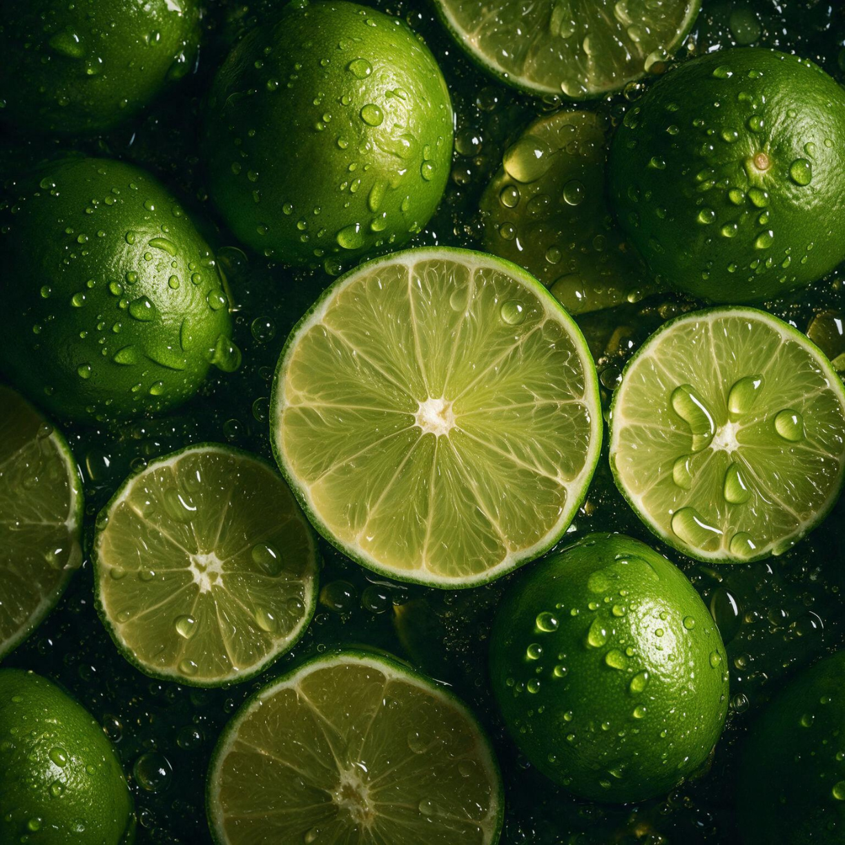 Fresh green limes, whole and halved, glistening with water droplets