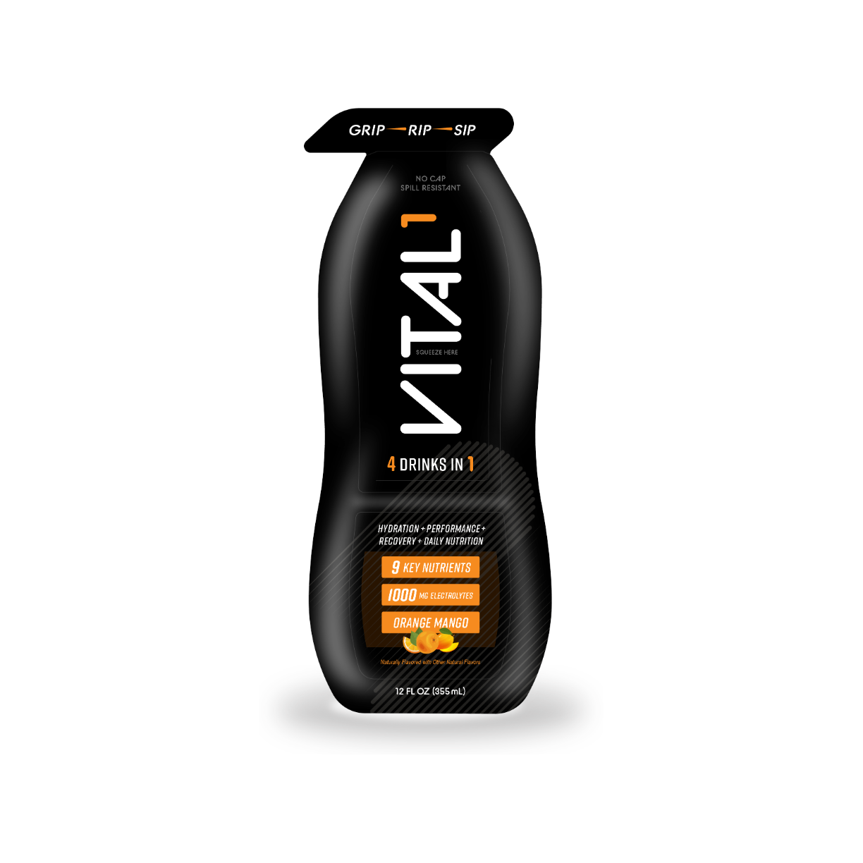 Vital1 black bottle, "4 Drinks In 1, Orange Mango, 1000mg Electrolytes, 9 Key Nutrients, 12 FL OZ"