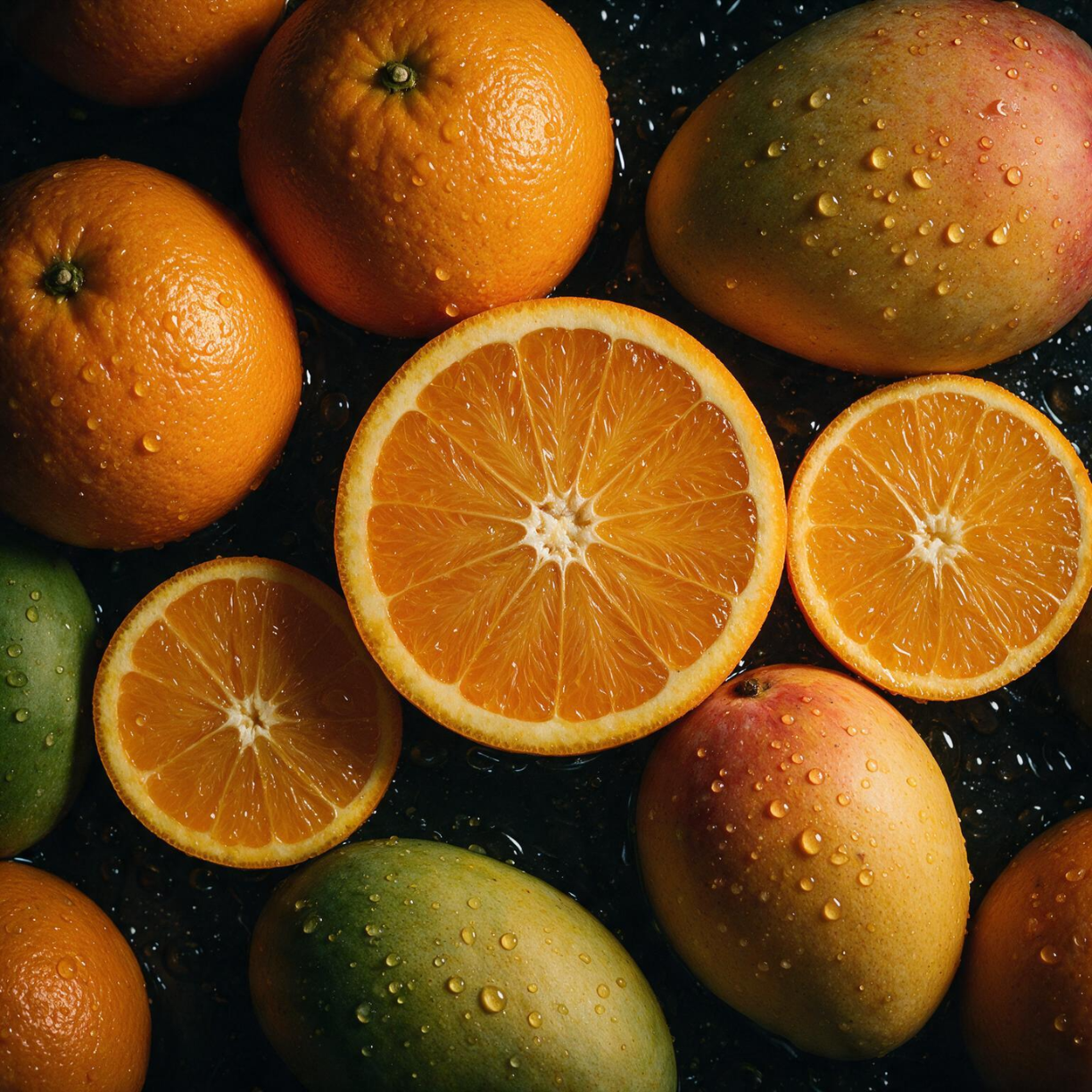 Fresh oranges and mangoes with water droplets, including halved oranges showing juicy interior