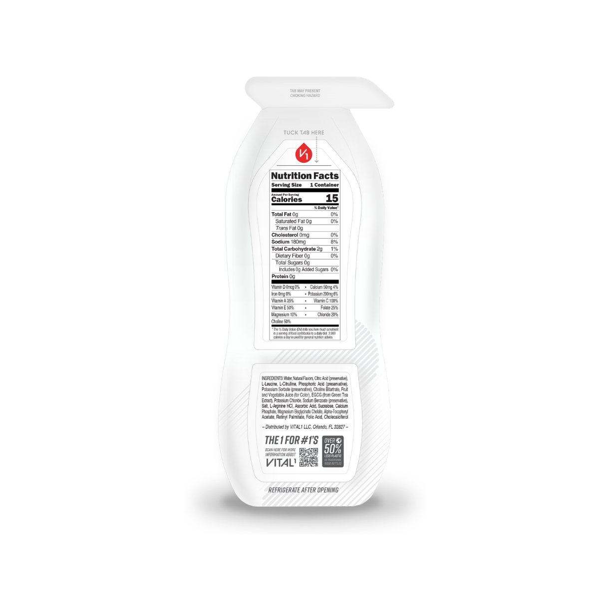 Back label of Vital1 Zero Sugar Fruit Punch pouch showing white packaging with Nutrition Facts panel, 15 calories, ingredients list, and "The 1 For #1's" tagline