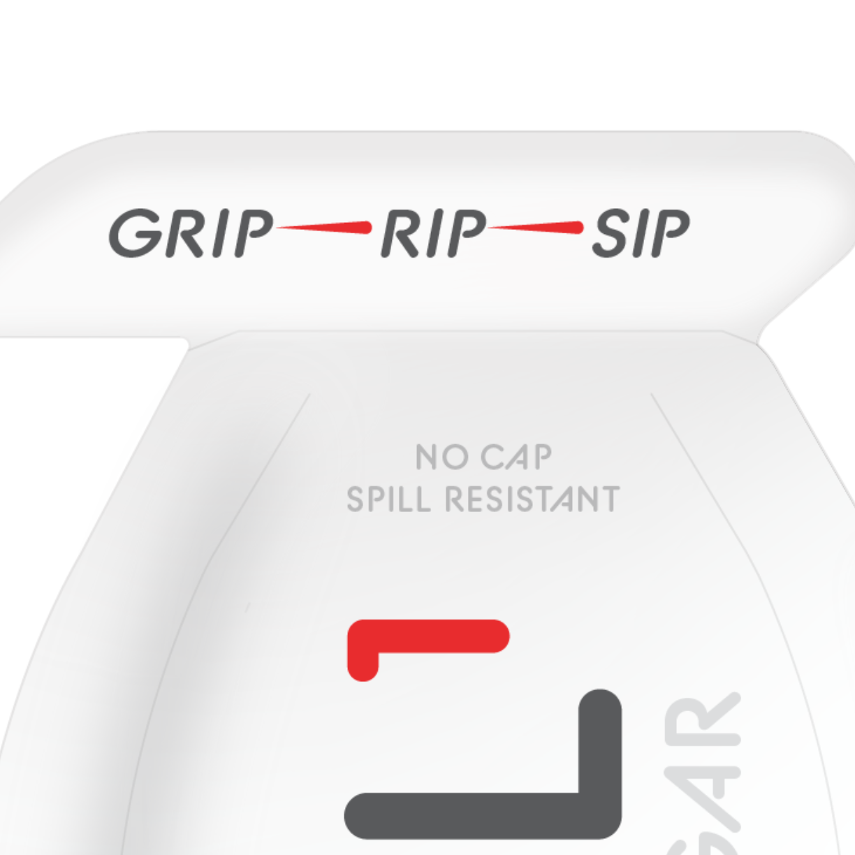 White drink lid with "GRIP—RIP—SIP" slogan and "NO CAP SPILL RESISTANT" text in red and gray