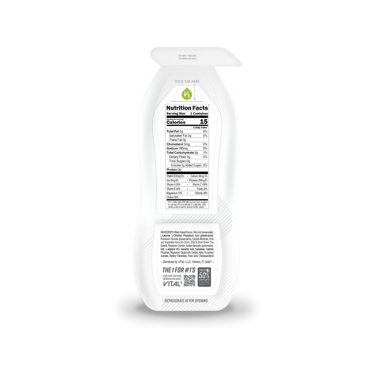 Back label of Vital1 Zero Sugar Lemon Lime drink pouch showing Nutrition Facts: 15 calories, 180mg sodium, with full ingredients list and QR code on white packaging.