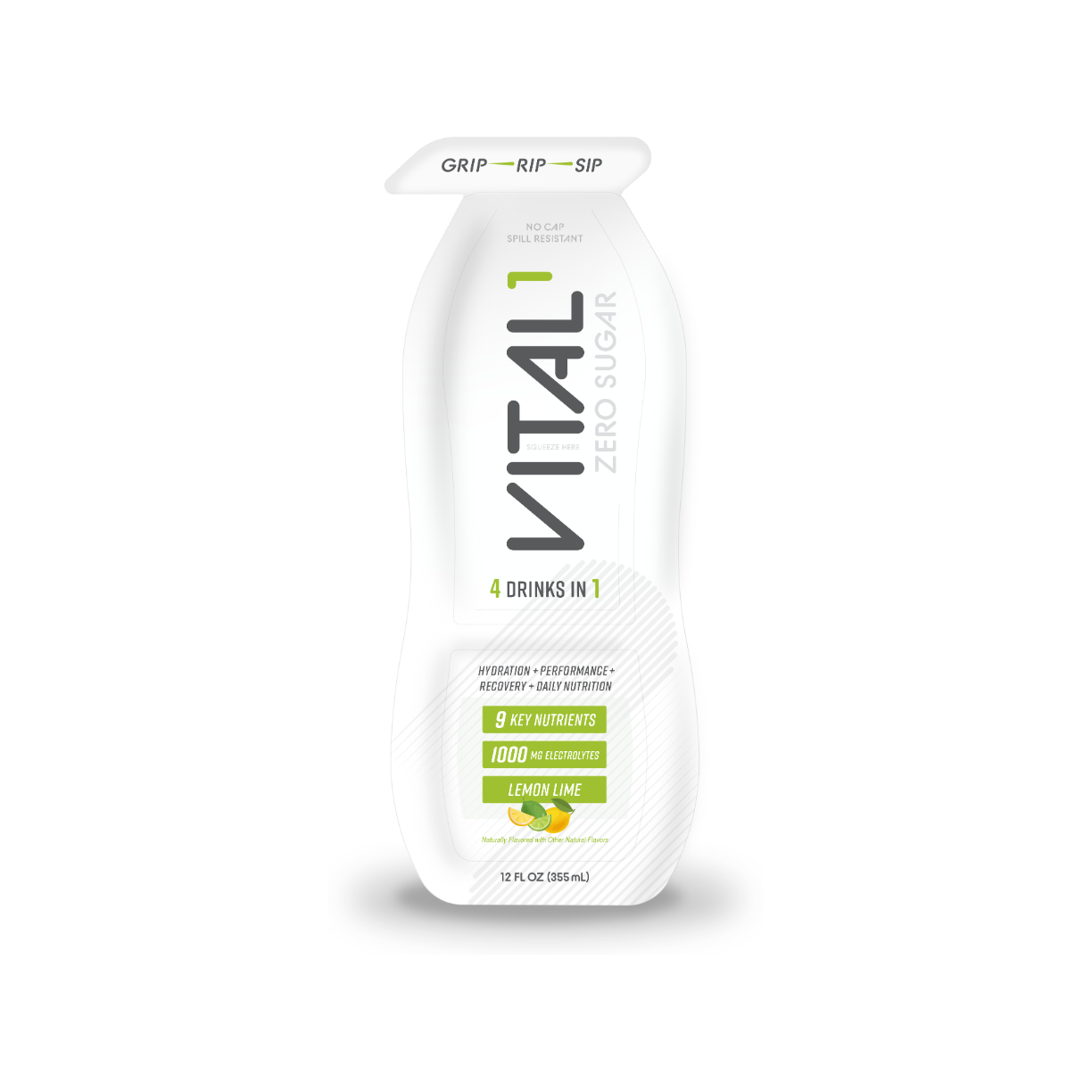 Vital1 Zero Sugar Lemon Lime drink pouch, white, 12oz, 4-in-1, 1000mg electrolytes, Grip-Rip-Sip top