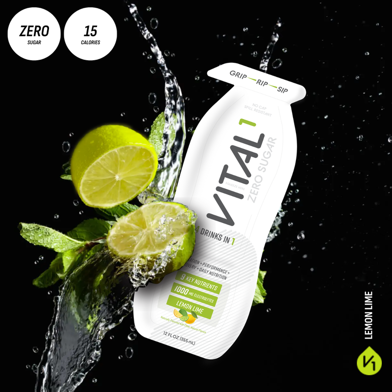 Vital1 Zero Sugar Lemon Lime drink, white bottle, zero sugar, 15 calories, 1000mg electrolytes, splashing limes and mint on black background.