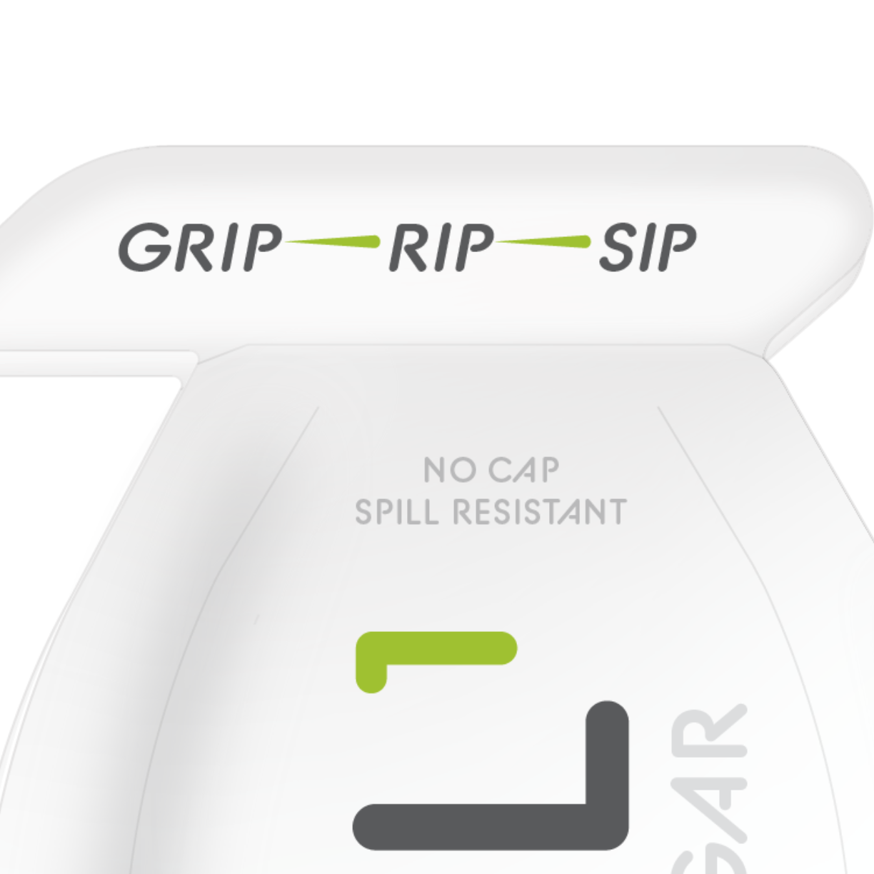 White drink bottle top with "GRIP—RIP—SIP" slogan and "NO CAP SPILL RESISTANT" text in green and gray
