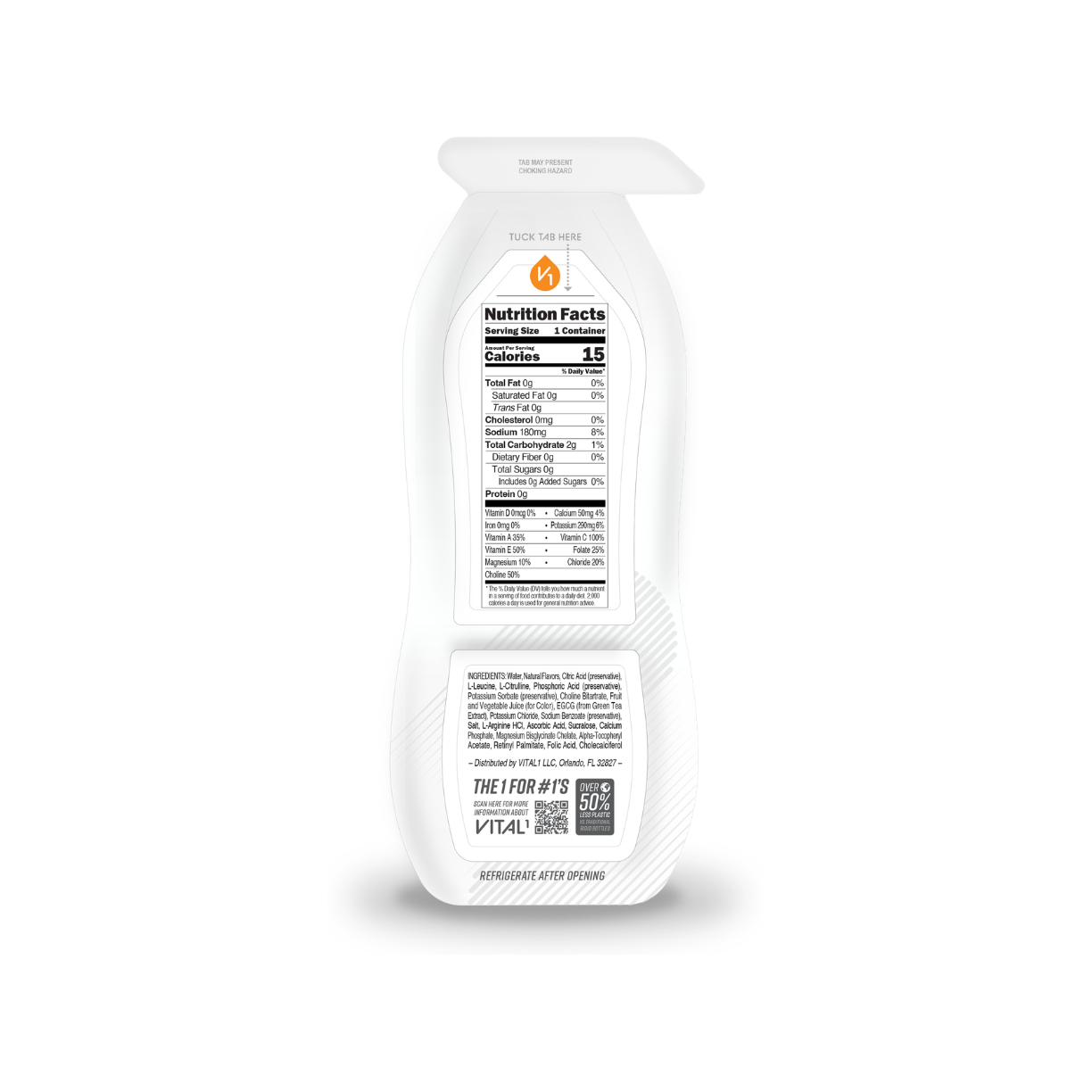 Back label of Vital1 Zero Sugar Orange Blast drink packet showing Nutrition Facts: 15 calories, 180mg sodium, vitamins A, C, E; white packaging with orange logo