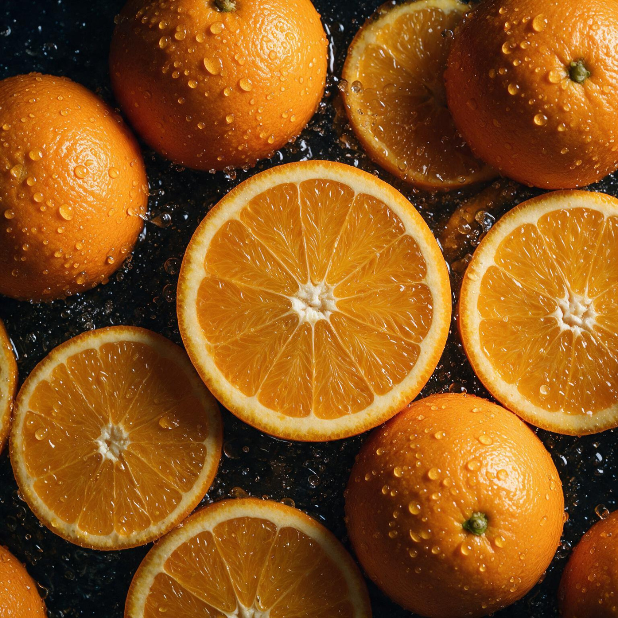 Fresh oranges, whole and halved, glistening with water droplets on dark background